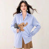 Blue Stripe Bear Patchwork Long Sleeve Shirt Women Loose Design Sense Unique Casual Top