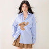 Blue Stripe Bear Patchwork Long Sleeve Shirt Women Loose Design Sense Unique Casual Top