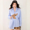 Blue Stripe Bear Patchwork Long Sleeve Shirt Women Loose Design Sense Unique Casual Top