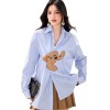 Blue Stripe Bear Patchwork Long Sleeve Shirt Women Loose Design Sense Unique Casual Top