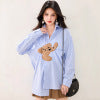 Blue Stripe Bear Patchwork Long Sleeve Shirt Women Loose Design Sense Unique Casual Top